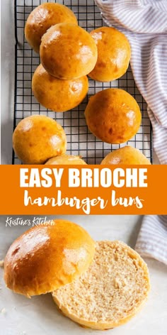 easy brioche hamburger buns on a cooling rack with text overlay that reads easy brioche hamburger buns