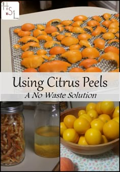 some oranges are sitting on a table next to jars and glass bottles with lemons in them