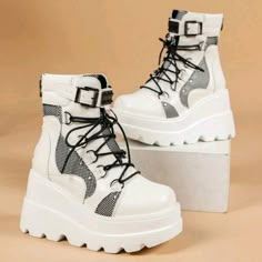 White/Black Buckle Decor Wedge Boots Lace-Up Front Boots Side Zipper Upper Material: Pu Leather Lining Material: Fabric Insole Material: Fabric Outsole Material: Pur Goth Platforms, Casual Shoes Women Sneakers, Shoes Women Sneakers, Cute Shoes Heels, Chunky Shoes, Fancy Shoes, Girly Shoes, Boots Women Fashion, Cool Shoes