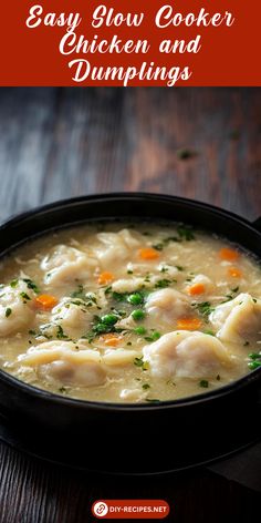 easy slow cooker chicken and dumplings recipe in a black bowl on a wooden table