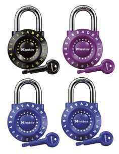 four padlocks with different colors on them