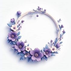 a circular frame with purple and white flowers