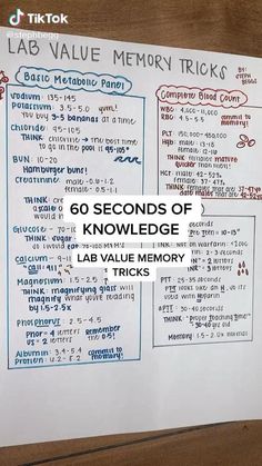 a close up of a piece of paper with writing on it that says lab value memory tricks