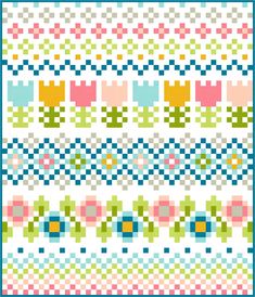 a cross stitch pattern with different colors and patterns on it, including red, yellow, green