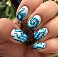 Octopus Nails, Nautical Nails, Cruise Nails, Simple Nail Art Designs, Cool Nails, White Nail, Beach Nails, Funky Nails, Fancy Nails