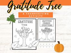 a thanksgiving coloring page with an orange pumpkin and leaves in the background text reads, grateful tree a thanksgiving activity