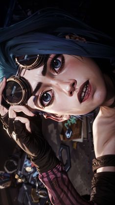 a woman with blue hair is looking through a pair of binoculars in a dark room