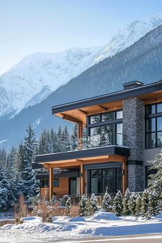 a large house in the mountains with snow on the ground