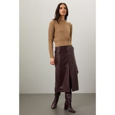 Brown knit (65% Cotton, 29% Linen, 6% Mulberry Silk). Sweater. Long sleeves. Crewneck. Pull on. 21" from shoulder to hemline. Imported. Fitted Textured Knit Sweater For Work, Fall Cropped Sweater With Ribbed Collar, Fall Workwear Cropped Sweater, Crew Neck, Classic Knit Top For Workwear In Fall, Chic Fall Sweater With Ribbed Collar, Classic Fall Knit Top For Workwear, Ribbed Knit Top For Workwear In Fall, Elegant Cable Knit Top For Fall, Ribbed Workwear Sweater For Fall