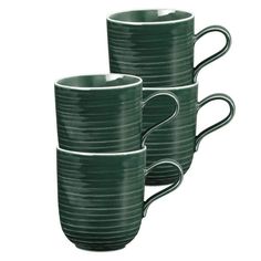 three green coffee mugs sitting next to each other on a white background, one has a curved handle