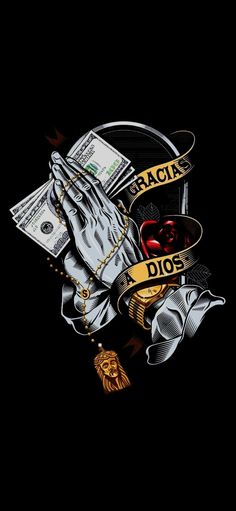 a black background with an image of hands, money and other items on it's side