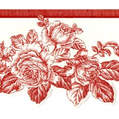 a red and white drawing of roses on a white background with a border around the edges