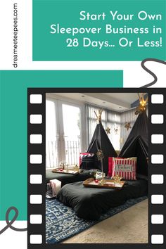 an advertisement for a sleepover business in 28 days or less, featuring two tents