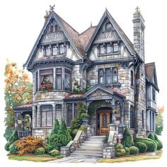 a drawing of a victorian style house with lots of windows and steps leading to the front door