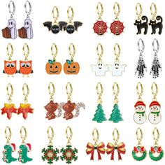 PRICES MAY VARY. 【Holiday Earrings Jewelry Bulk】: You get 16 pairs of hoop dangle earrings of three different holidays at once. The Women's Holiday Earrings Pack includes 8 pairs of dangle Halloween earrings, 2 pairs of Thanksgiving hoop earrings and 6 pairs of Christmas dangle hoop earrings. These earrings are recommended for girls over 3 years old and for teen girls and women with pierced ears. 【Various Popular Festival Designs】: Holiday earrings feature our favorite festival elements. Hallowe Cheap Cute Halloween Earrings, Cheap Halloween Charms Jewelry, Cheap Orange Spooky Earrings, Orange Nickel-free Earrings For Halloween, Nickel-free Orange Earrings For Halloween, Black Cat Earrings, Girls Thanksgiving, Halloween Clips, Ghost Earrings