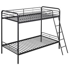 a black metal bunk bed with ladders on the bottom and bottom shelf, isolated against a white background