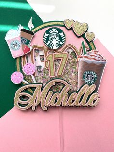 a pink and green wall with the word starbucks surrounded by images of coffee, doughnuts, and other items