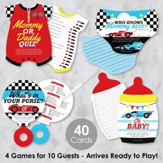 four baby shower games for boys with cars and trucks on the front, one has a bottle