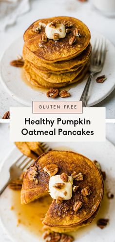 healthy pumpkin oatmeal pancakes with maple syrup and pecans on the side