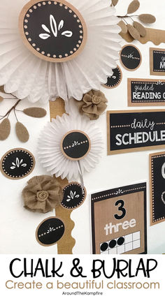 Beautiful tan and black, neutral colors, burlap and chalkboard classroom decor set. Burlap Classroom Theme, Burlap Bulletin Boards, Bulletin Board Design, Classroom Board, Classroom Decor Themes, Bulletin Board Decor