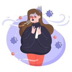 a woman in a black coat is blowing her nose