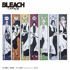 an advertisement for bleach featuring anime characters in different colors and sizes, with the words bleach written on them