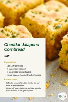 a close up of food on a table with a sign in front of it that says cheddar jalapeno cornbread