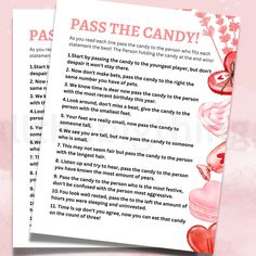 two valentine's day cards with the words pass the candy written in red and pink