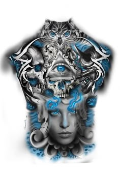 a woman's face with blue eyes and skulls on her back, painted in black and white