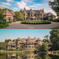 two different views of a large house with water and trees in the foreground, one is