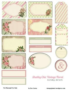 some pink and green paper with flowers on it's sides, including labels, tags, and envelopes