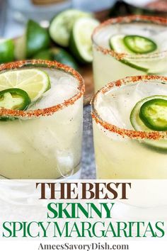 the best skinnyy spicy margaritas with jalapenos and lime on top