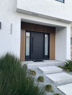 the front entrance to a modern home with steps leading up to it and plants growing on either side