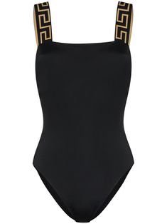 black stretch-design signature Greca detailing pull-on style square neck wide shoulder straps low back Be mindful to try on swimwear over your own garments. Versace Swimsuit, Sea Clothes, Designer Beach Wear, Fotografi Digital, Italian Luxury Brands, Swimsuit Black, Black One Piece Swimsuit, Versace Outfit, Costume Intero