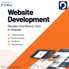 the website development brochure is displayed on an orange and white background