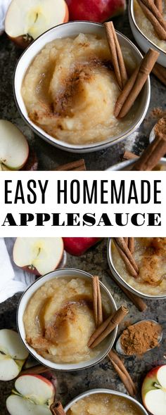 homemade applesauce with cinnamon sticks in bowls