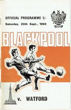 an orange and white flyer for a soccer match with two men kicking the ball in front of them