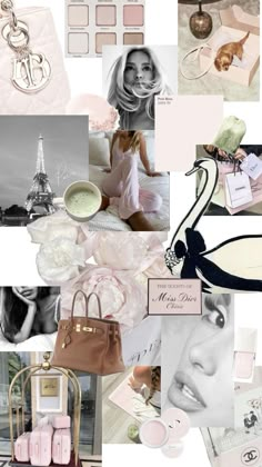 a collage of pink and white items with the eiffel tower in the background