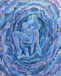 a painting of a woman sitting in the center of a blue vortex with stars and bubbles