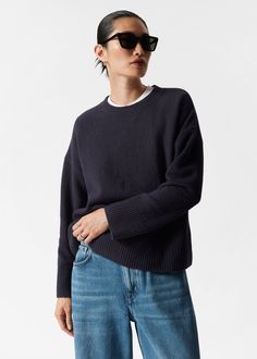 Relaxed Fit Knitted Sweater Layered Sweater, Knit Shoes, Navy Sweater, Long Sleeve Knit Sweaters, Clothing Essentials, Ribbed Neckline, Navy Sweaters, Fashion Story, Knit Jumper