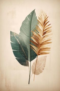 two green and brown leaves on a beige background with watercolor paint effect in the middle