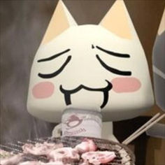 a white cat grilling on top of a bbq with hot dogs and marshmallows