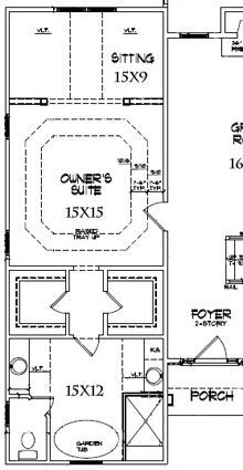 the floor plan for a two story house with an attached bathroom and living room area