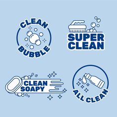 four logos for soapy products, one with bubbles and the other with soap on it