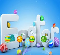 the word easter written in 3d letters surrounded by eggs and other colorful objects on a blue background