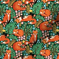 an image of foxes and flowers on a green background