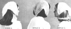 three women wearing knitted hats in different styles and sizes, from front to back