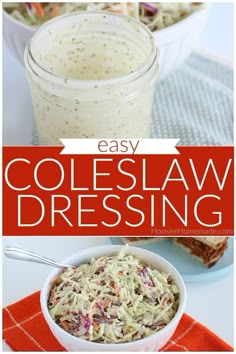 coleslaw dressing in a glass jar on a red and white towel with the words, easy coleslaw dressing