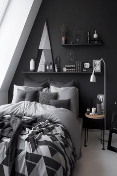 Bedroom with geometric patterns in black and grey. Gray Bedroom, Bedroom Inspo, Geometric Patterns