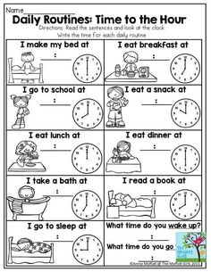 Daily Routines: Time to the Hour | ✔️ ✔️ ✔️ ITTT | Time worksheets, Time to the hour, Daily routine activities Daily Routine Worksheet, Clock Worksheets, Daily Routine Activities, Time To The Hour, Time Worksheets, Teaching Time, English Worksheets For Kids, Math Time, Math Activity